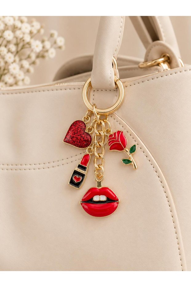 Lipstick Themed Bag Accessory Gold Metal Keychain Multi-Figured Bag Ornament