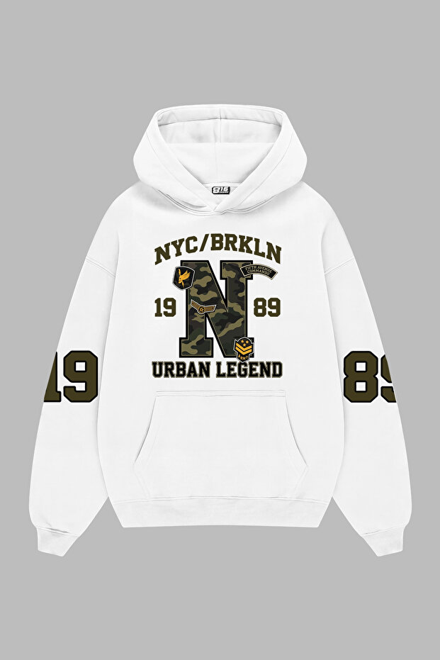 Urban Legend Printed White Oversize Unisex Hoodie