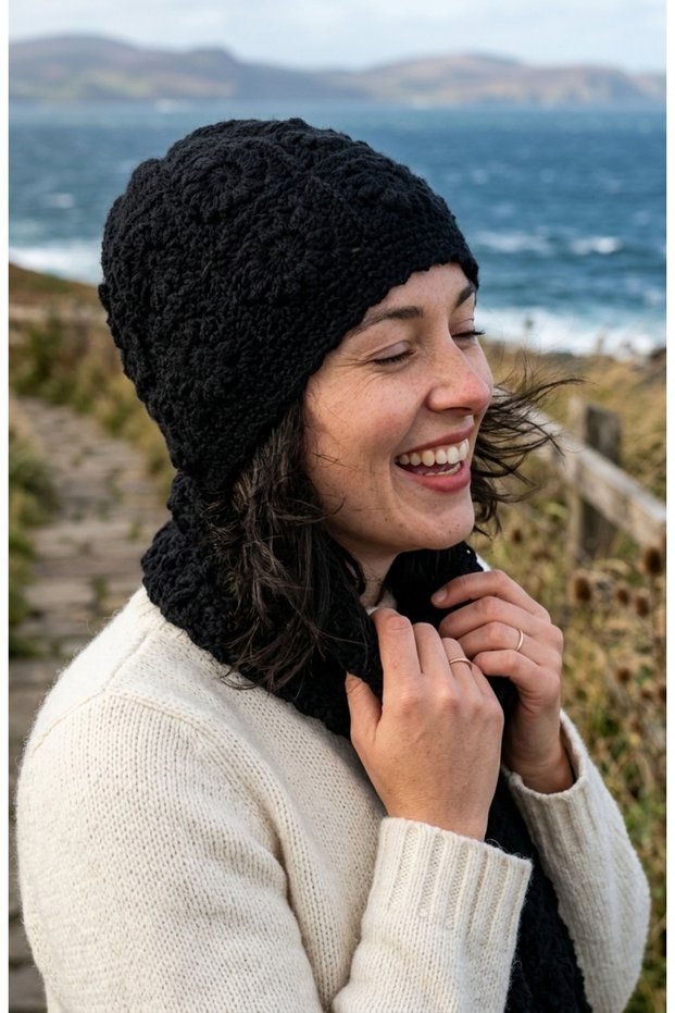Hand Knitted Black Women's Beanie Crochet Floral Motif Bohemian Winter Hat - Vintage Style Soft Knitted Beanie Model
