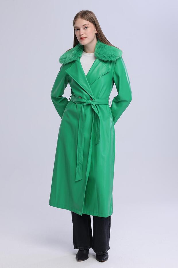 Women's Plush Collar Leather Look Long Coat