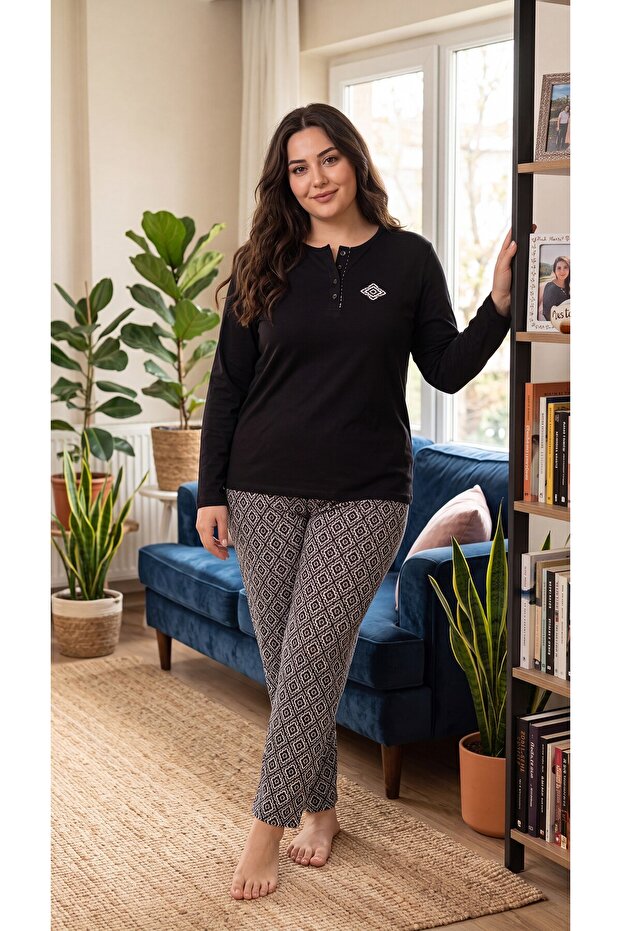 Women's black 100% cotton solid fabric oversized comfort fit pajama set