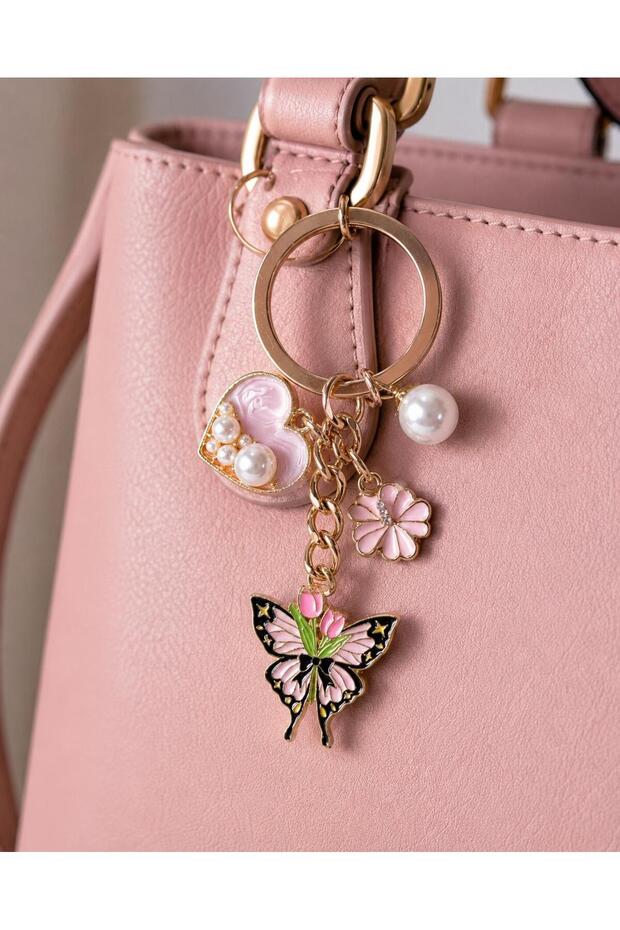 Pink Butterfly Pearl Detailed Bag Keychain – Stylish and Elegant Bag Accessory