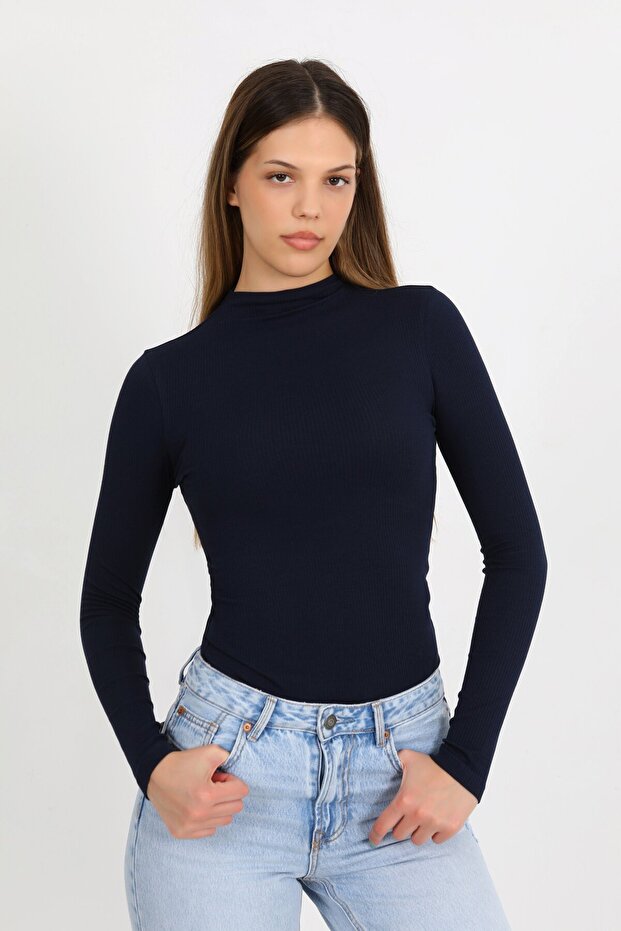 Women's Navy Blue Half Fisherman Ribbed Modal Cotton Long Sleeve Blouse - H6173