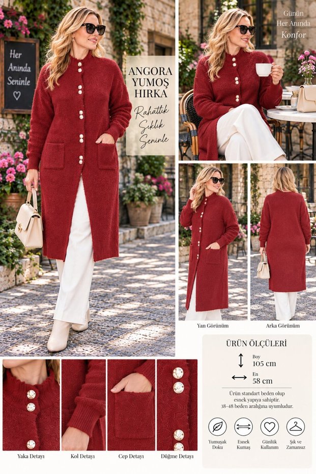 Women's Angora Long Soft Stand Collar Flexible Buttoned Pocketed Cardigan