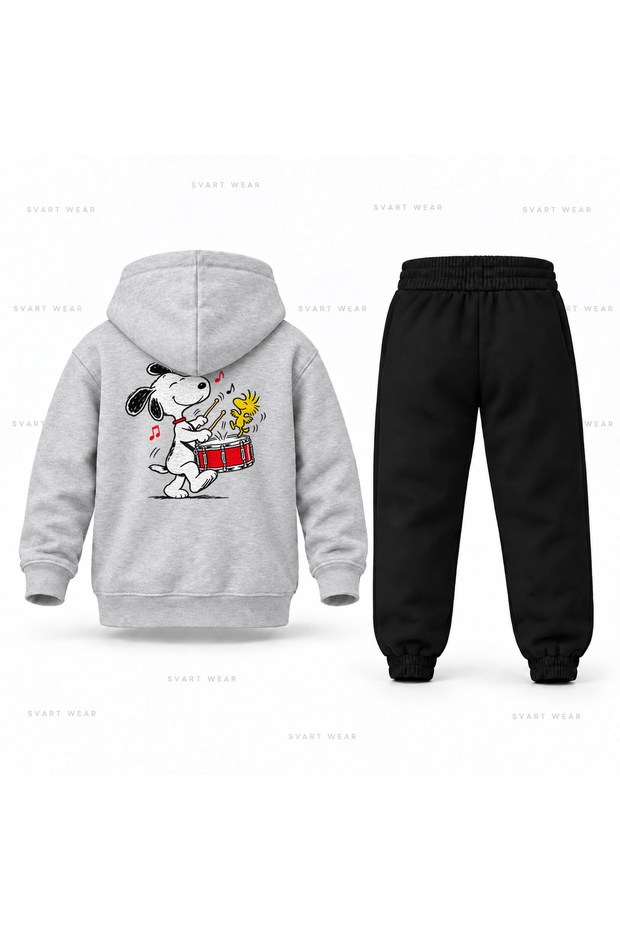 Snoopy Drum Rhythm Printed Children's Hooded Tracksuit Set