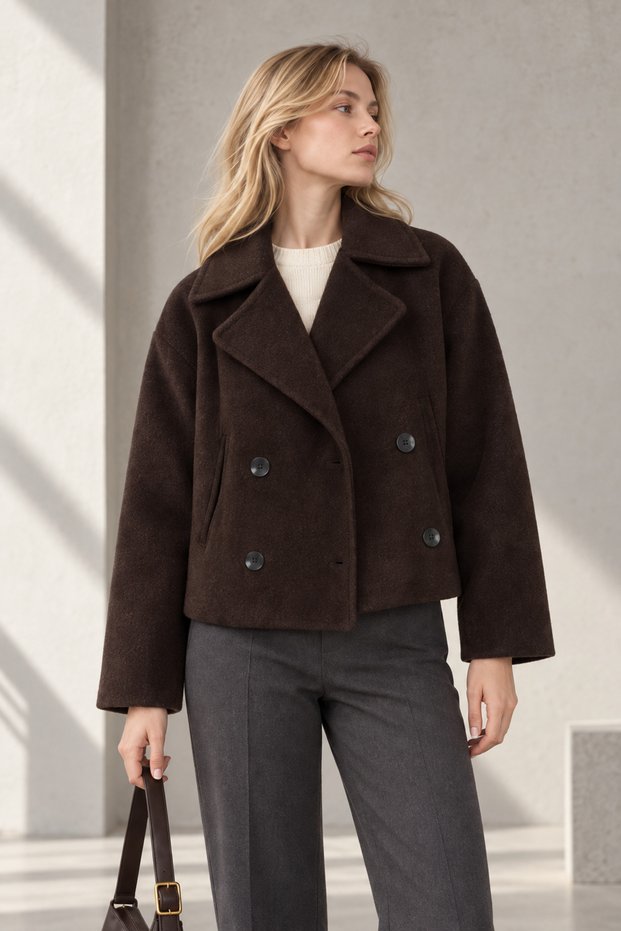 Dark Brown Straight Double-Breasted Short Coat