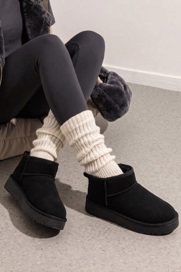 Nuvella Women's Suede Black Short Platform Sole Waterproof Plush Boots with Fur Inside 5 cm Heel