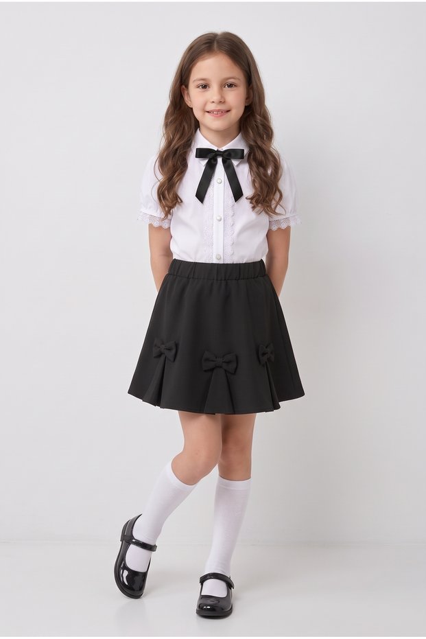Girls' Black Bow Lace White Short Sleeve Shirt Black Ribbon Skirt April 23 October 29 Show Outfit