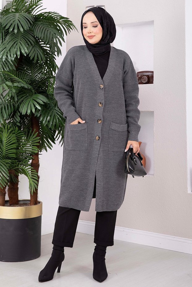 Buttoned Pocketed Long Knitwear Cardigan Anthracite