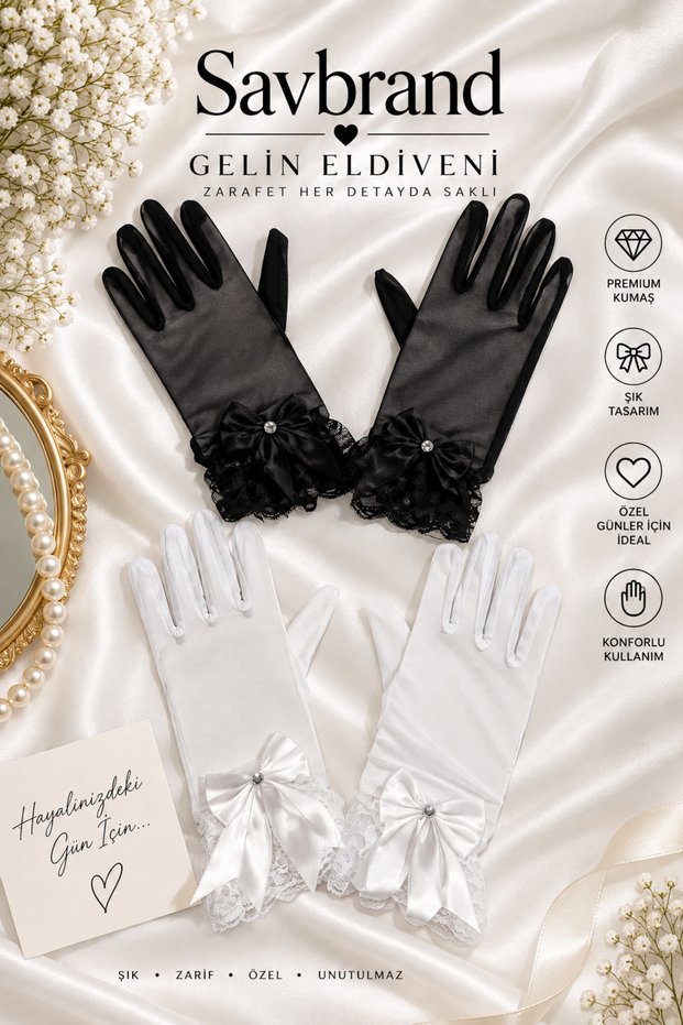 Elegant Lace Detailed Bow Decorated Bridal Gloves Stylish Special Occasion Gloves