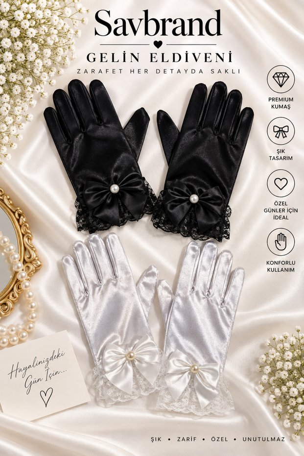 Satin Bow Lace Detailed Bridal Gloves Elegant Stylish Design