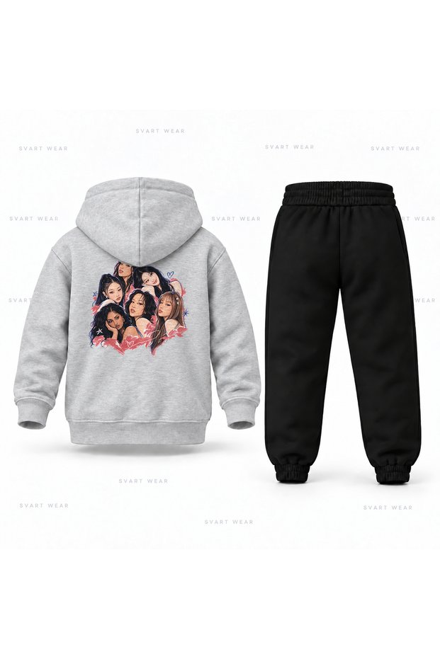 Katseye Sophia Shoulder Pencil Print Children's Hooded Tracksuit Set