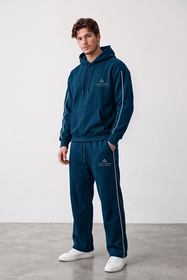 Men's Petrol Blue Always Forward Printed Thin Ribbed Tracksuit Set