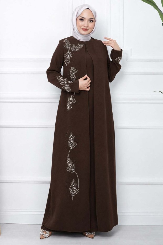 Plus Size Leaf Stone Mother's Dress Bitter Coffee Hm2350