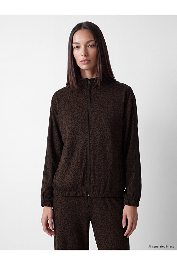 Vizyon New Season Brown Leopard Patterned Soft Touch Women's Zippered Sweatshirt
