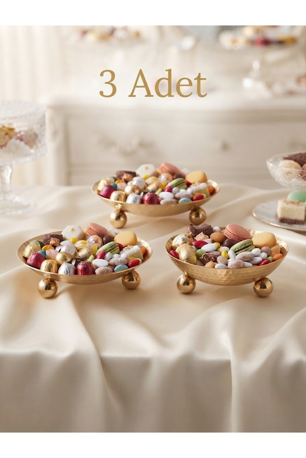 Luxury Stainless Steel Snack Bowl with Footed Base, Turkish Delight Bowl, Coffee Side Serving Plate - Multi-Purpose Serving Dish, Gold 3-Piece Set