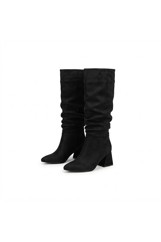 Zri̇nx-2002 Premium Black Suede Bellows Thick Heeled Women's Boots 7 cm