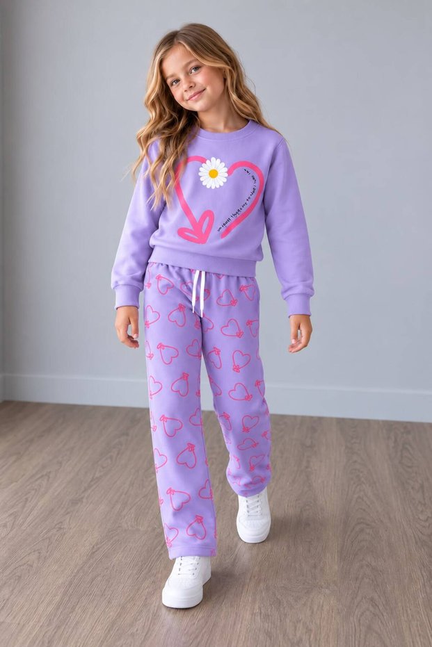 Girl's Daisy Heart Printed Sweatshirt and Patterned Pants 2-Piece Set