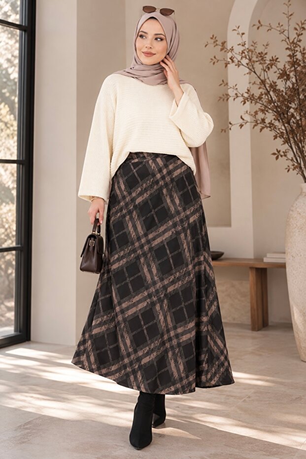Women's Knitwear Sweater Patterned Scuba Skirt Double Hijab Set Sb0063