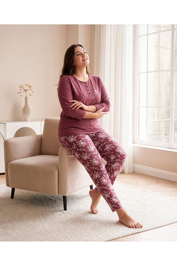 Women's Dusty Rose 100% Cotton Tok Fabric Collar Buttoned Oversize Comfortable Fit Pajama Set