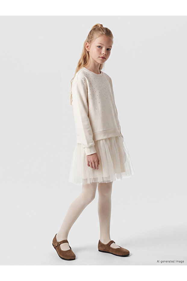 Özmarka New Season Ecru Stoned Girls' Tutu Dress