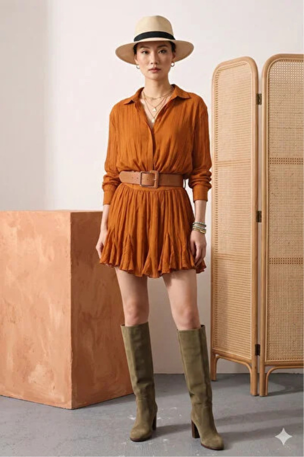 Cinnamon Color Mini Shirt Dress