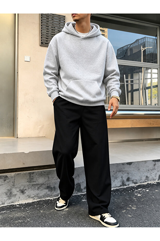 Printless Hooded Wide-Leg Bottom Sweatpants Set