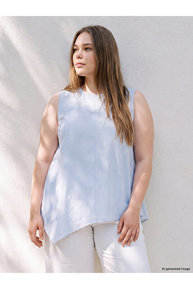 Ozmarka New Season Blue Plus Size Asymmetrical Cut Striped Blouse