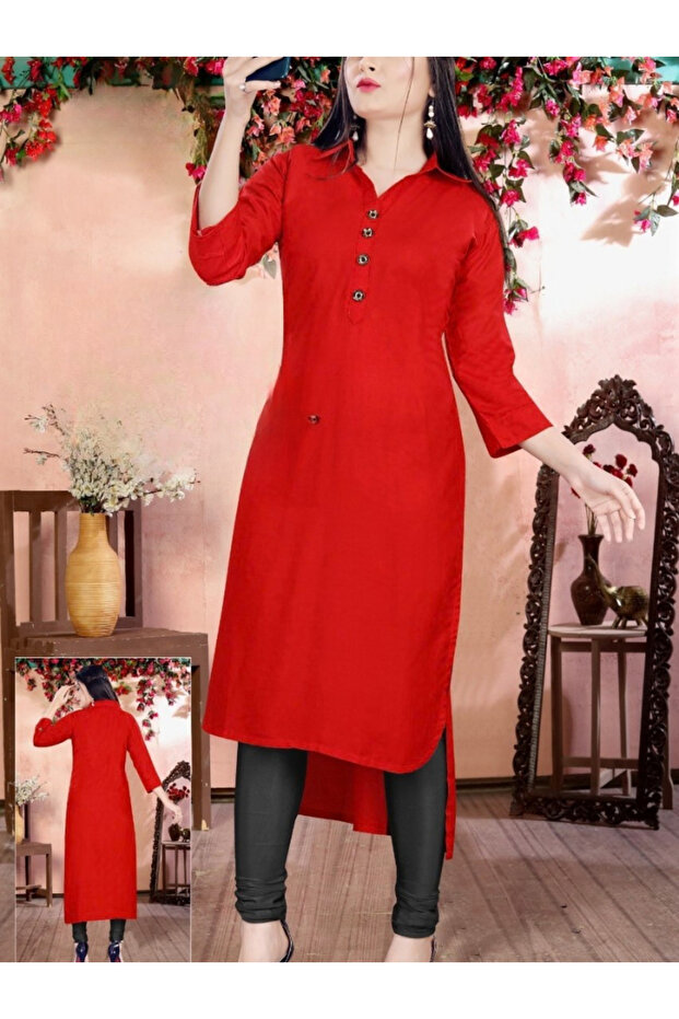 Red Rayon Solid Collared Kurti - NJF8841 | Red-Size:XL-42-Inches