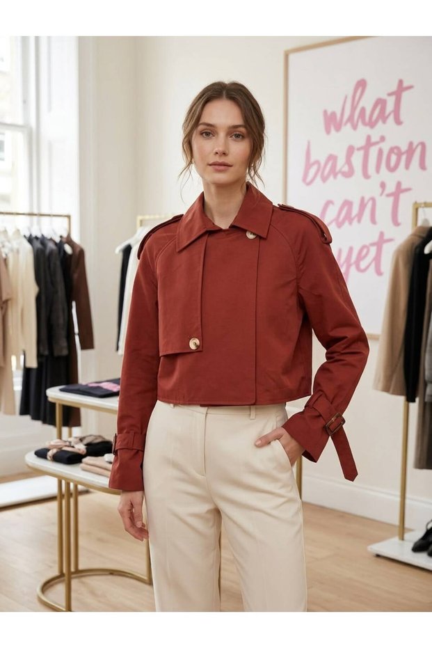Burgundy trench coat with crop buckle