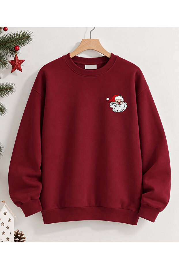 Burgundy Crew Neck Sweatshirt with Santa Claus