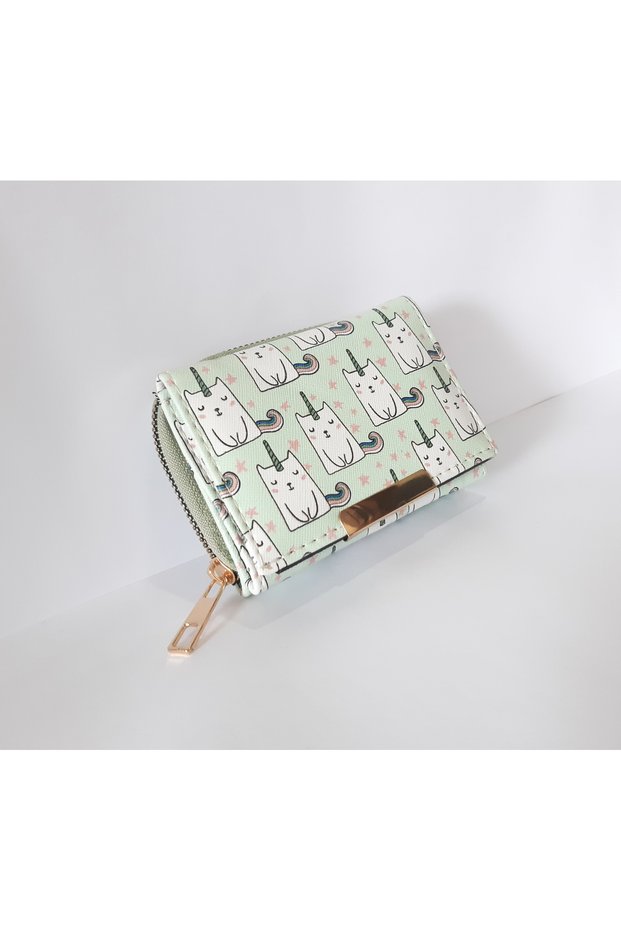 Children's Wallet 11X8X4 cm Green Color Cat Patterned Children's Wallet