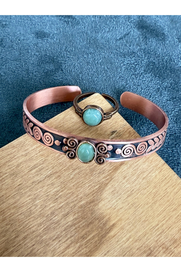 Pure Copper Ring Bracelet with Natural Stones, Handcrafted Copper Set, Quartz Stone Jewelry Set