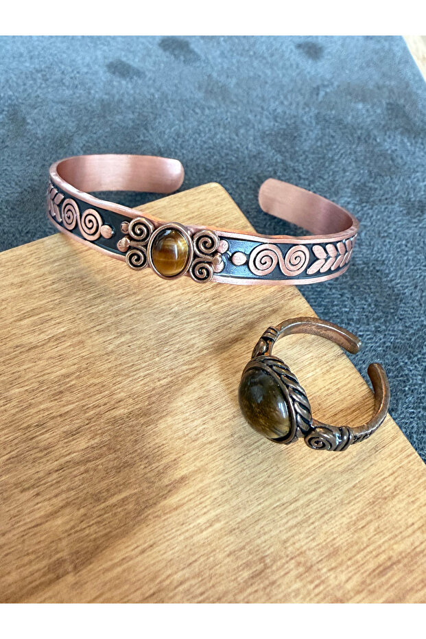 Real Copper Ring Bracelet with Natural Stones, Handcrafted Copper Set, Tiger's Eye Stone Jewelry Set