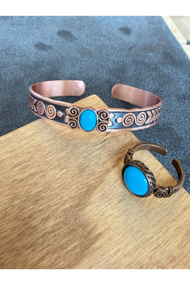 Genuine copper ring bracelet natural stone handcrafted copper set, turquoise stone jewelry set