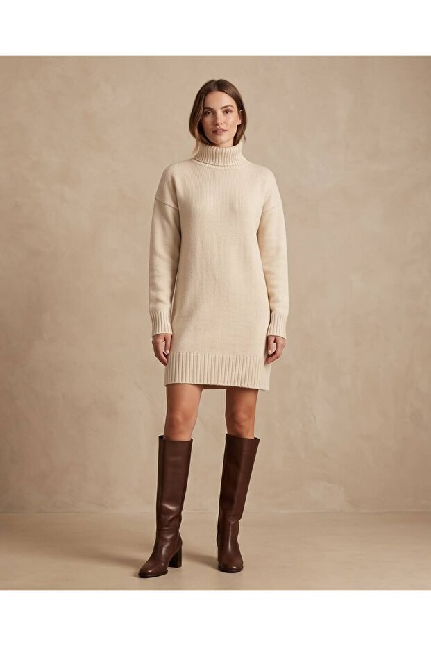 Women's Turtleneck Long Sleeve Plain Knitwear Tunic Dress