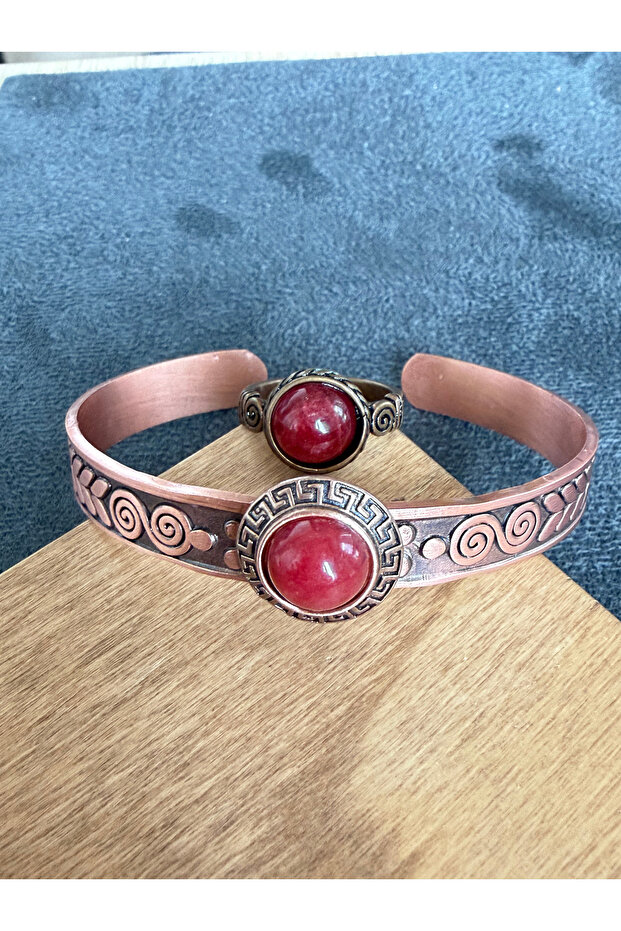 Copper Ring Bracelet with Natural Stones, Handcrafted Copper Set, Red Agate Stone Jewelry Set