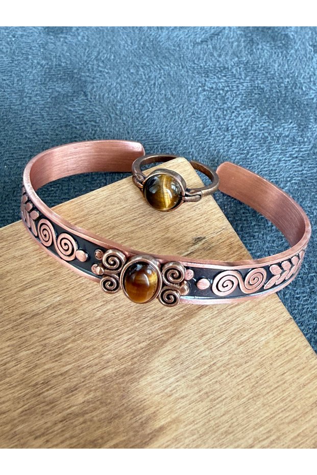 Pure copper ring bracelet natural stone handmade copper set, tiger's eye stone jewelry set
