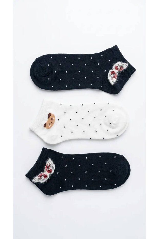 Women's Booties Socks 3-Pack 2 Black Butterfly Patterned 1 White Teddy Bear Patterned Cotton Sports Socks