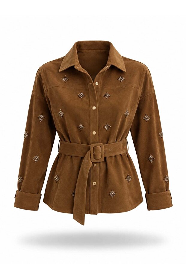 Tan Belted Beaded Embroidered Suede Jacket 4249