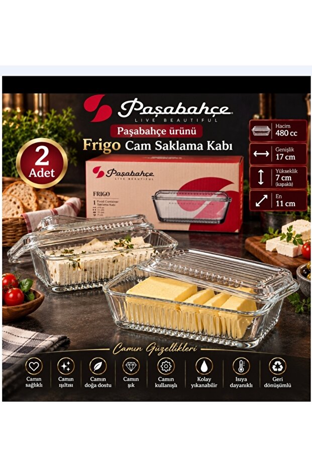 2-Pack Frigo Butter and Cheese Container with Glass Lid, 480 Cc Volume, 17 cm Length, 11 cm Width, 7 cm Height