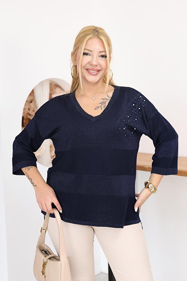 V-Neck Cotton Mercerized Sweater with Glitter Stone Detail