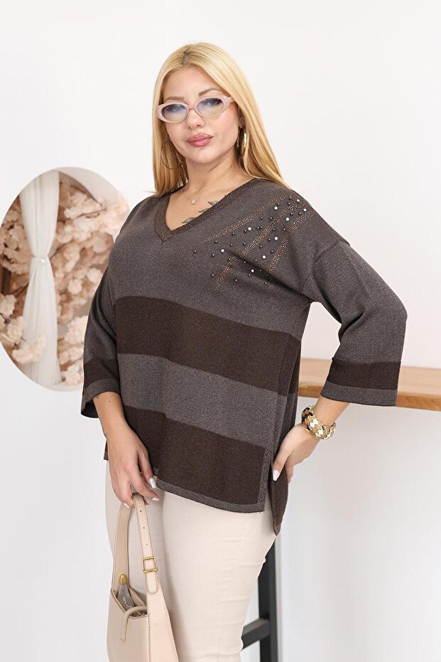 V-Neck Cotton Mercerized Sweater with Glitter Stone Detail