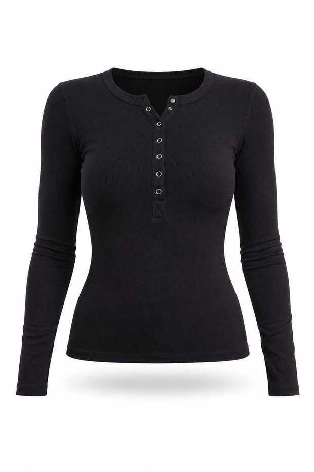 Black Snap Fastener Long Sleeve T-Shirt 2680