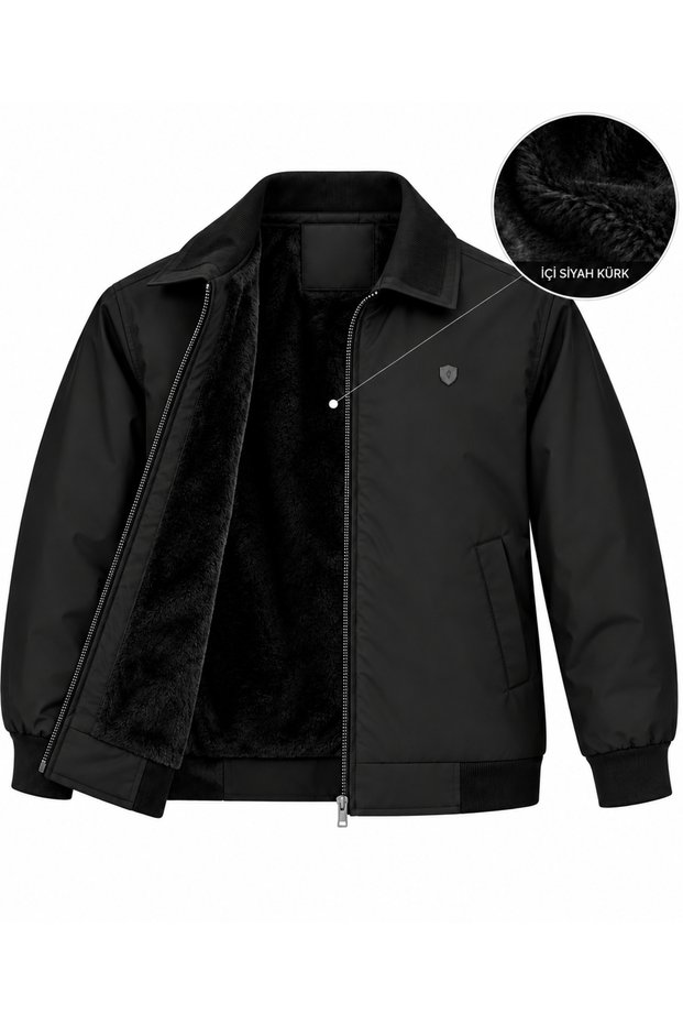 Men's Winter (Polo Collar) Coat with Bondet Fabric, Fur, and Waterproof Zippered Sleeves and Hem, Ribbed Detail, Pocket with Zipper, Classic Stylish Jacket (Ribbed) - 1 Size Smaller Than Usual.