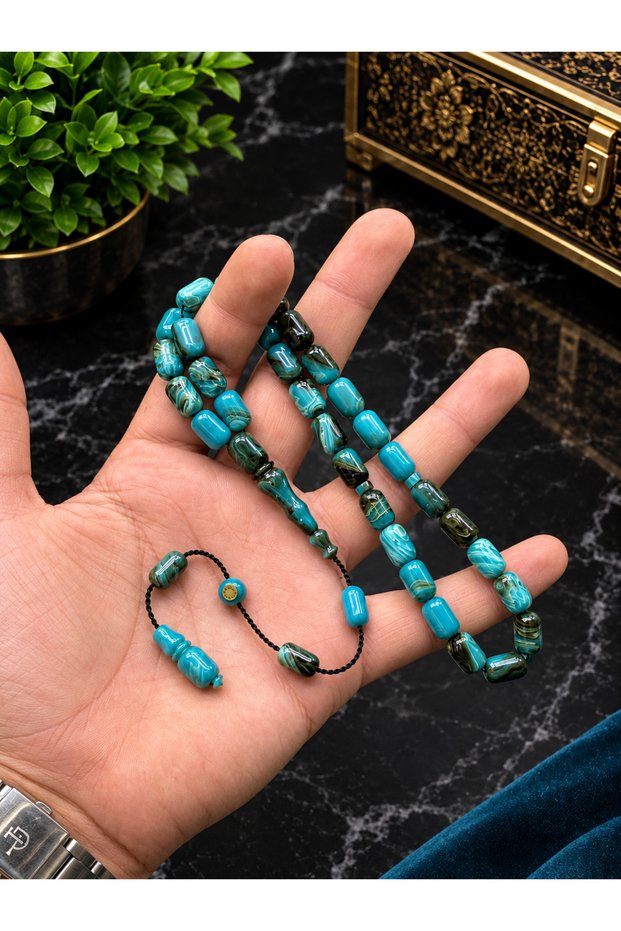 Special Design Turquoise & Moire Crimped Amber Prayer Beads