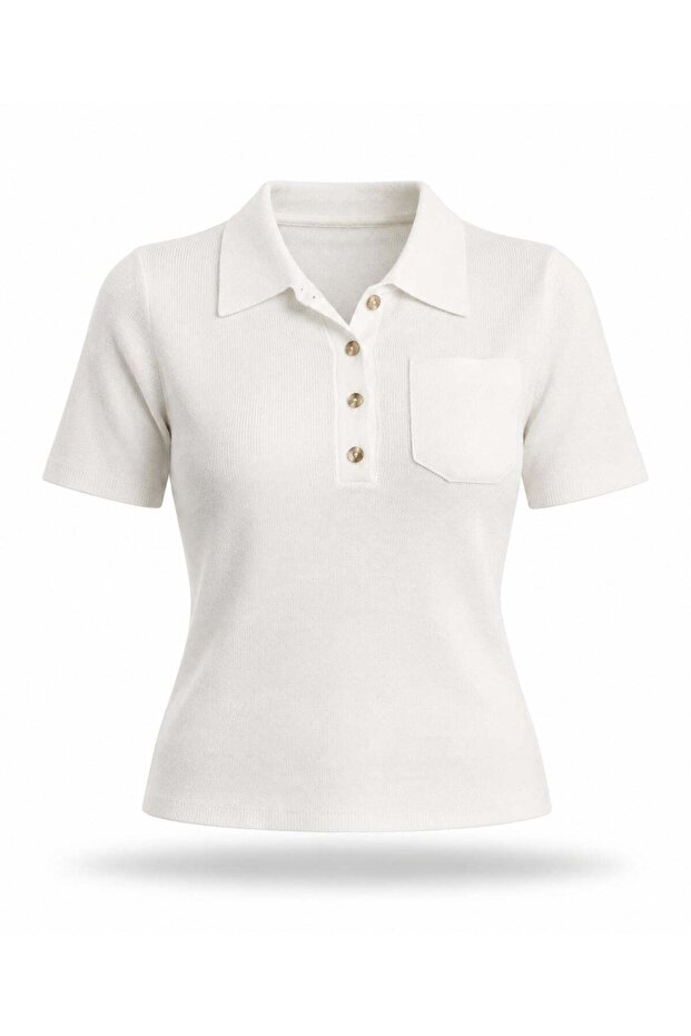 Ecru Polo Collar Buttoned Short Sleeve Knitwear 140796