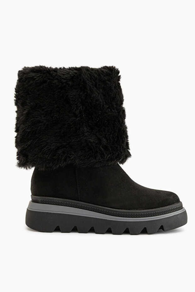 Edna Black Suede Fur Detailed Women's Boots