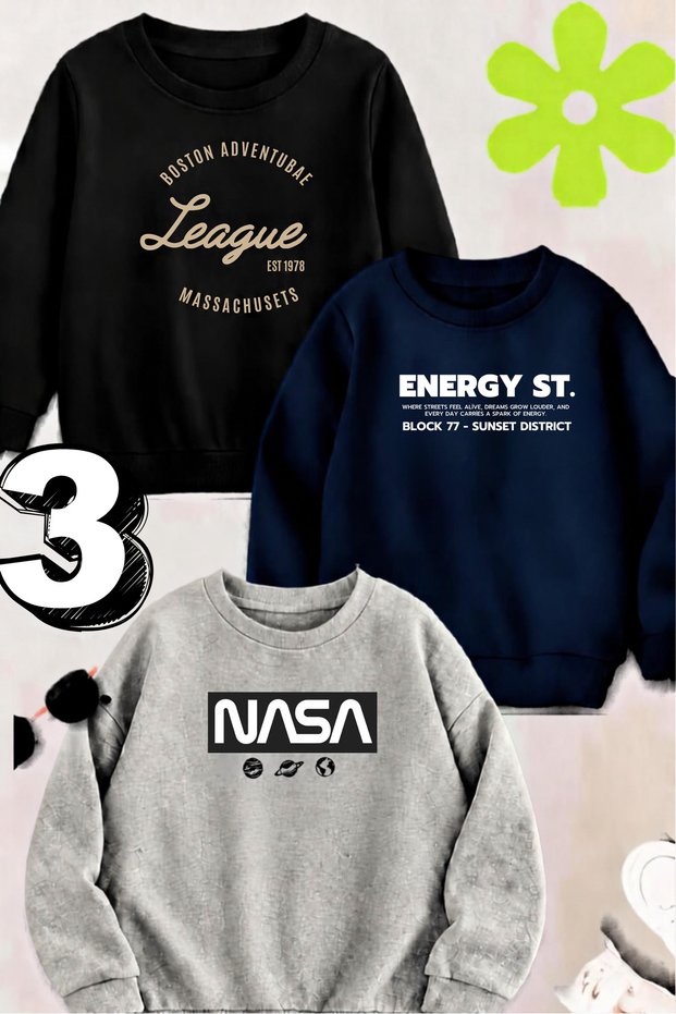 Bostonleague-Energyst Printed Boys' Crew Neck Sweatshirt