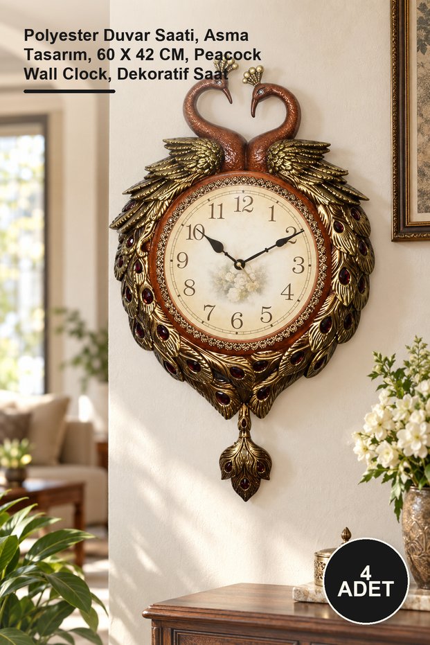 4 Pieces of Wall Hanging Peacock Clocks – Polyester Wall Clock, Hanging Design, 60 X 42 Cm, Peacock Wall Clock, Decorative Clock
